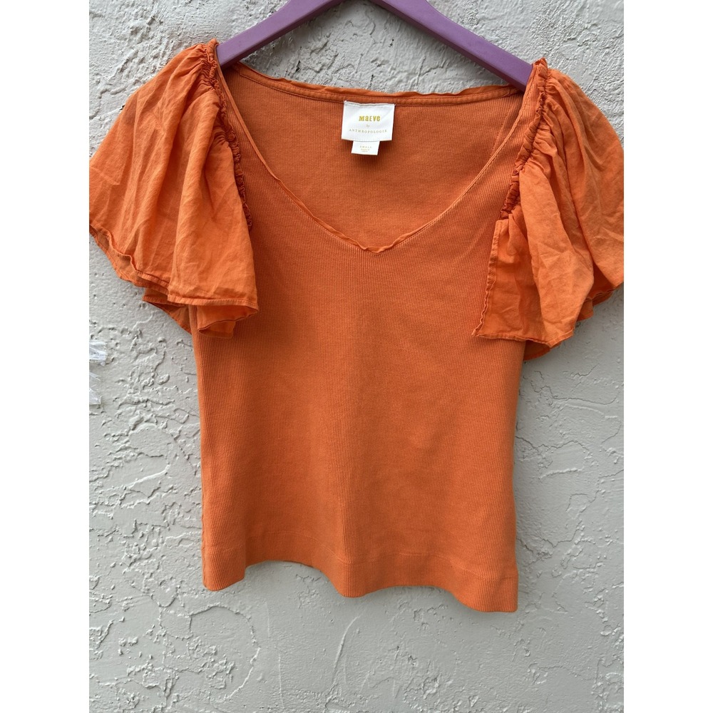 Maeve Anthropologie Orange Ribbed V-Neck Flutter Sleeve Top Small